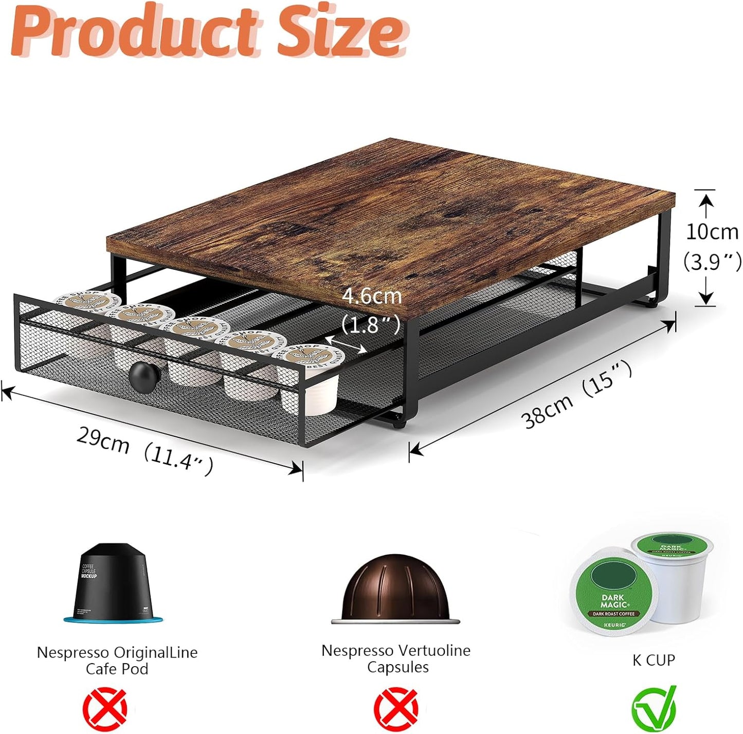 Coffee Pod Storage Drawer,with Sliding Baskets,Coffee Pod Holders for K Cups,35 Capacity Coffee Capsules Storage Organizer,Under Coffee Pot Storage Drawer,for Home Office, Kitchen (BROWN)