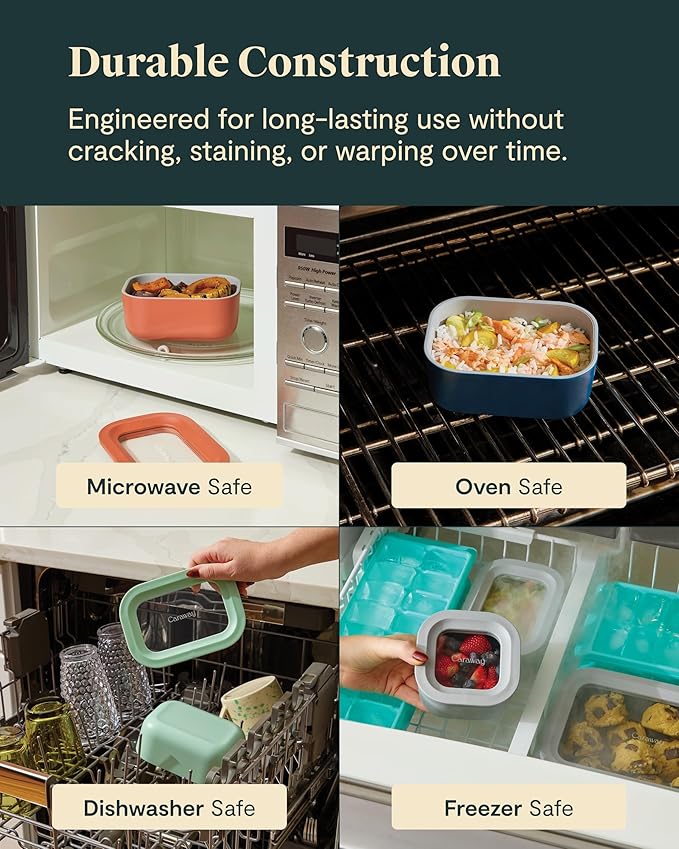 Caraway 6pc Food Storage Container Set - 1.75 Cup Glass Storage Container for Food (6) - Non-Toxic Ceramic-Coated Glass - Air Release Technology - Compact & Stackable Design - Navy