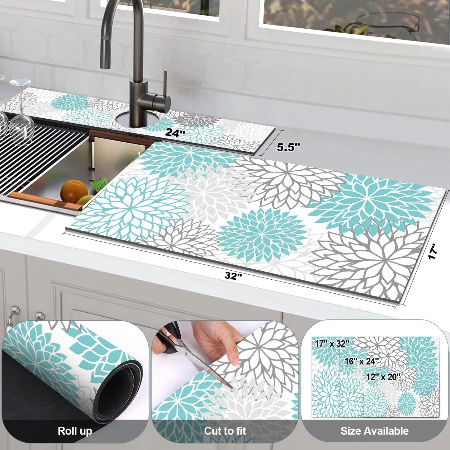 Findosom 2PCS 17" x 32" Dish Drying Mat & 24" x 5.5" Sink Splash Guard, Super Absorbent & Cuttable Dish Mat Drying Kitchen Mat with Teal Floral, Hide Stain Drying Mat for Kitchen Counter
