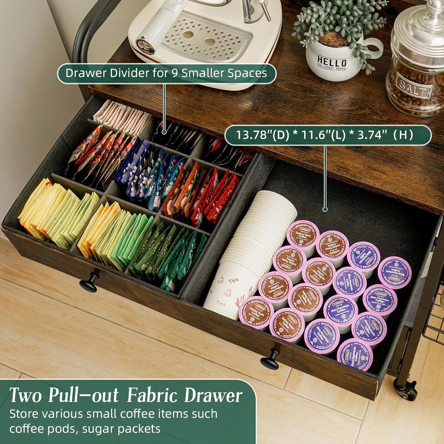 Coffee Bar Cart with Wheels, Coffee Bar Table, Kitchen Coffee Bar Cabinet with Storage, Rustic Coffee Bar, Rolling Coffee Cart, Coffee Nook, Corner Coffee Bar Station with Drawer, Bakers Rack