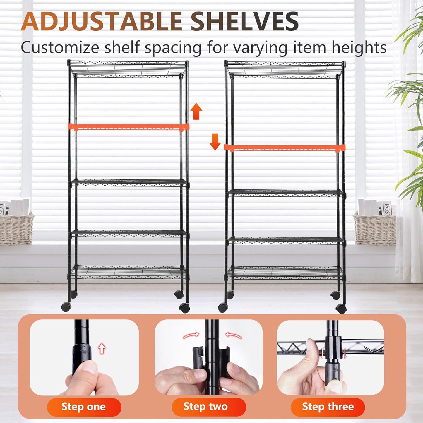 FDW Adjustable 5-Tier Metal Shelf with Wheels, 250 lbs Capacity, Easy Assembly, Ideal for Small Spaces