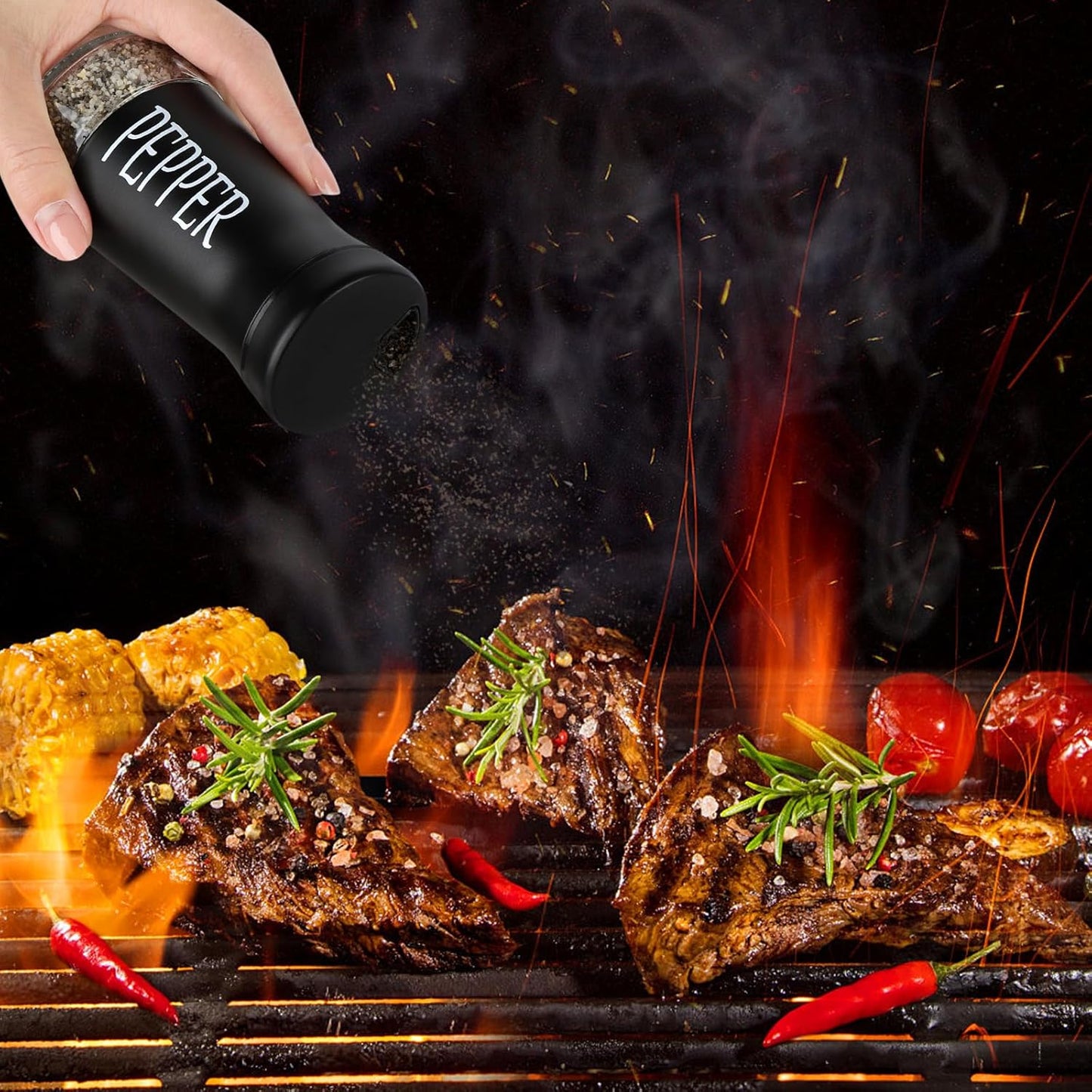 Accmor Salt and Pepper Shakers with Adjustable Pour Hole, Stainless Steel Salt Pepper Shaker Dispenser with Glass Bottom for Kitchen Cooking, RV, Camp, BBQ