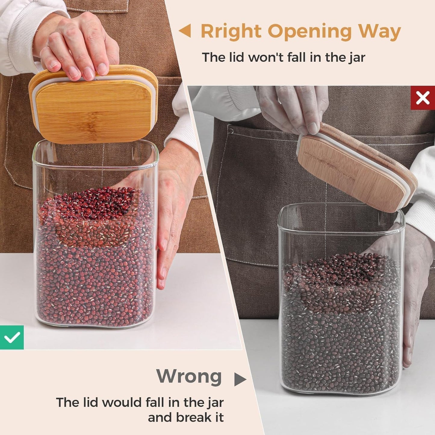 ComSaf 115 oz Glass Food Storage Containers, Cereal Storage Containers with Airtight Lids, Large Square Glass Jars with Bamboo Lids, for Rice, Pasta, Oats, Grains, Coffee Beans