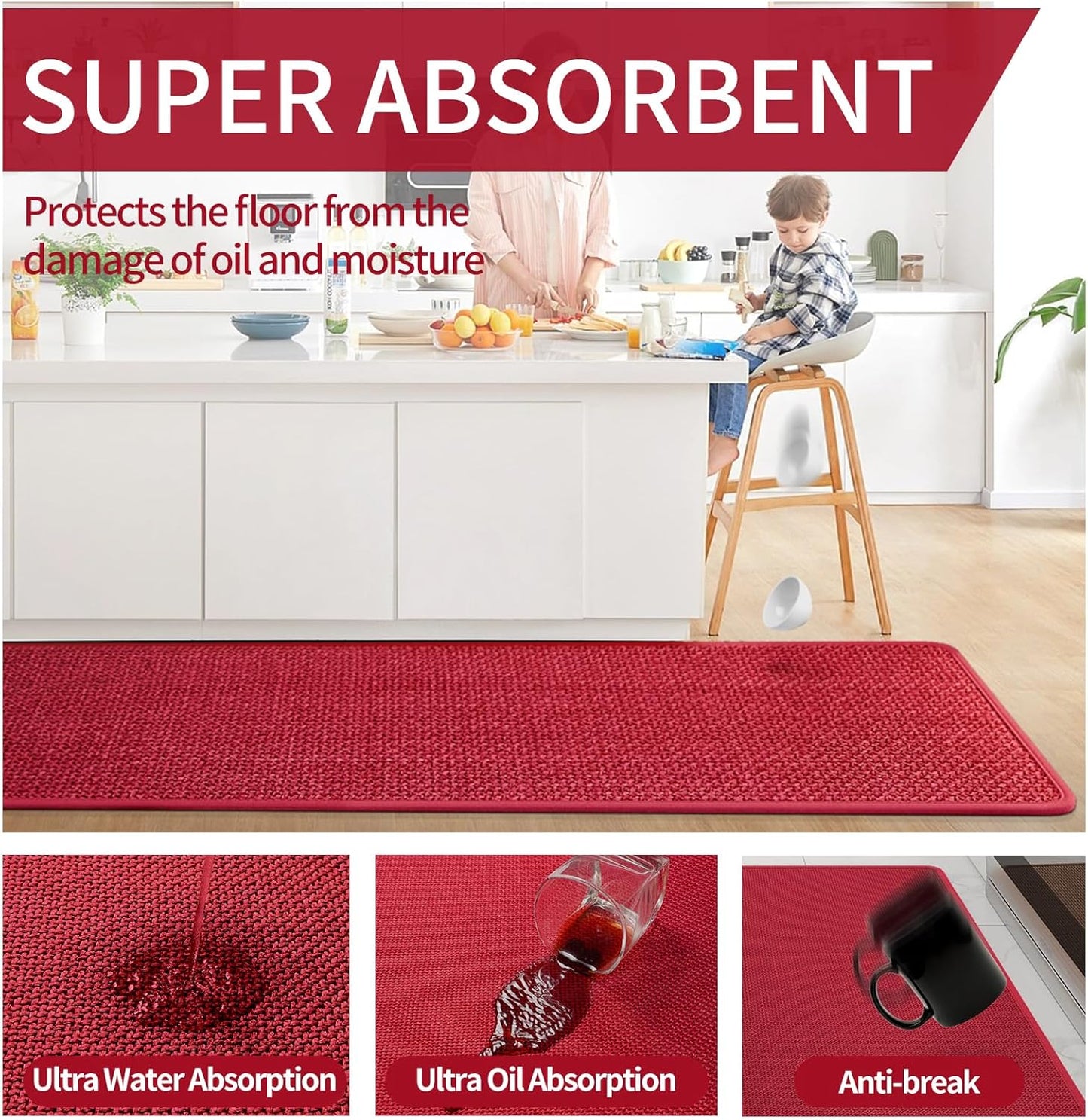 Kitchen Mats for Floor, Super Absorbent Kitchen Rugs Non Slip Washable, Soft Imitation Linen Braided Kitchen Runner Rug, Standing Mat Kitchens Sink Mat, Easy to Clean, Red 17x47