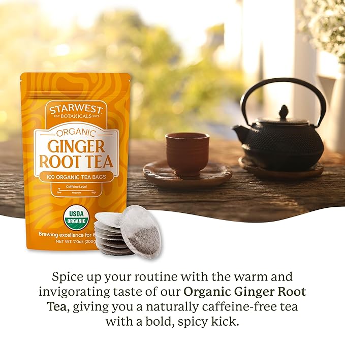 Starwest Botanicals Organic Ginger Root Tea - Caffeine Free Herbal Tea, Supports Digestion, String Free Sachets, USDA Organic Ginger Root, Non GMO - Bulk Pack, 100 Tea Bags