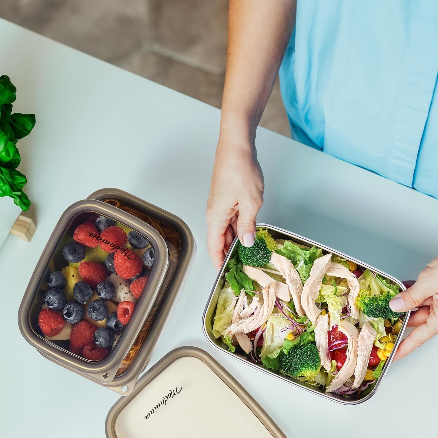 Flexibento - Stainless Steel Nesting Lunch Containers with clear Silicone Lids, Leak Proof & Dishwasher Safe|Set -20,30, 40 OZ| Bento Box | Meal prep|Metal lunch Box for adults