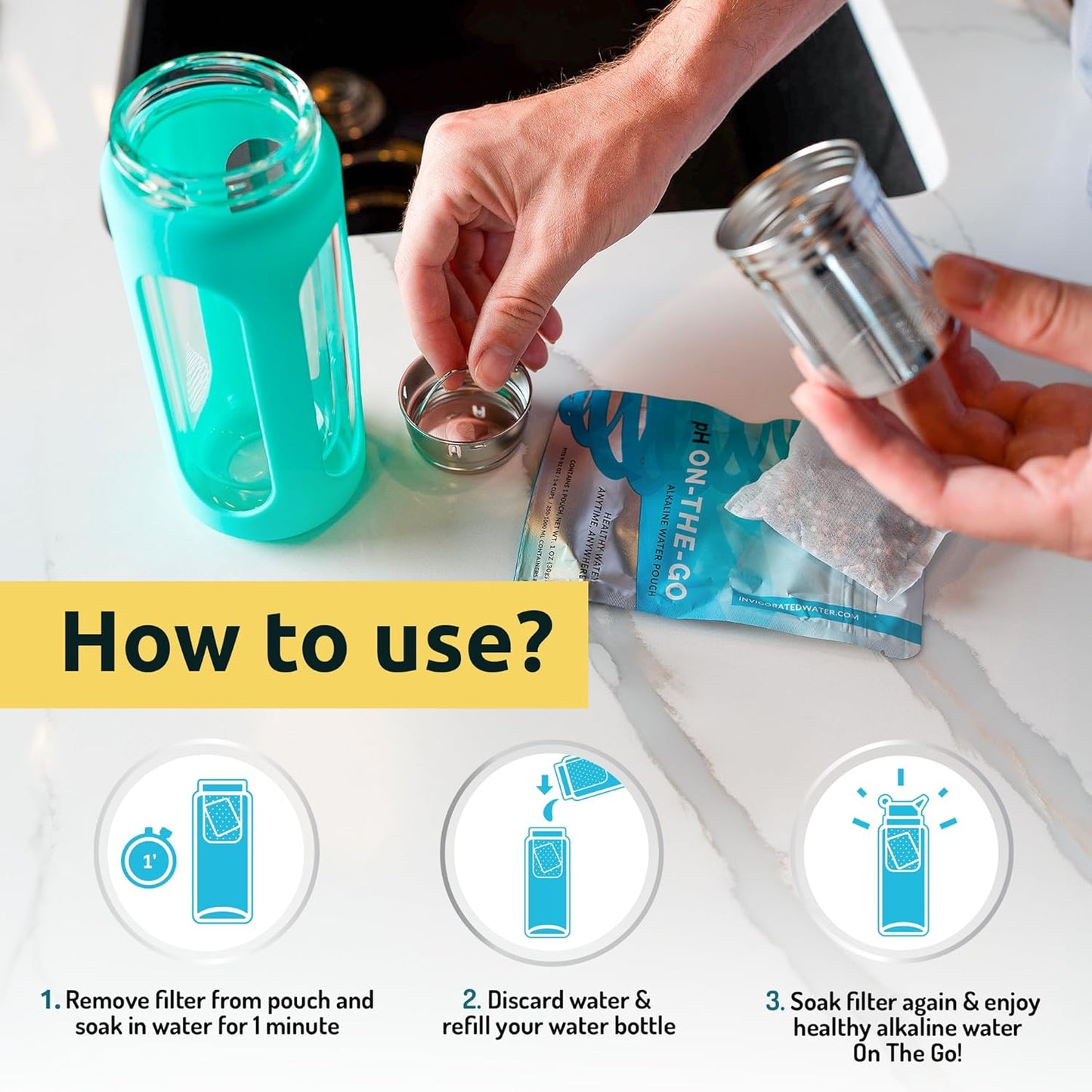 Invigorated Water pH ON-The-GO Portable Alkaline Water Filter Pouch, High pH Water Alkalizer for Bottles, Jugs, Pitchers - Filters 98 Liters / 26 Gallons (3-Pack)