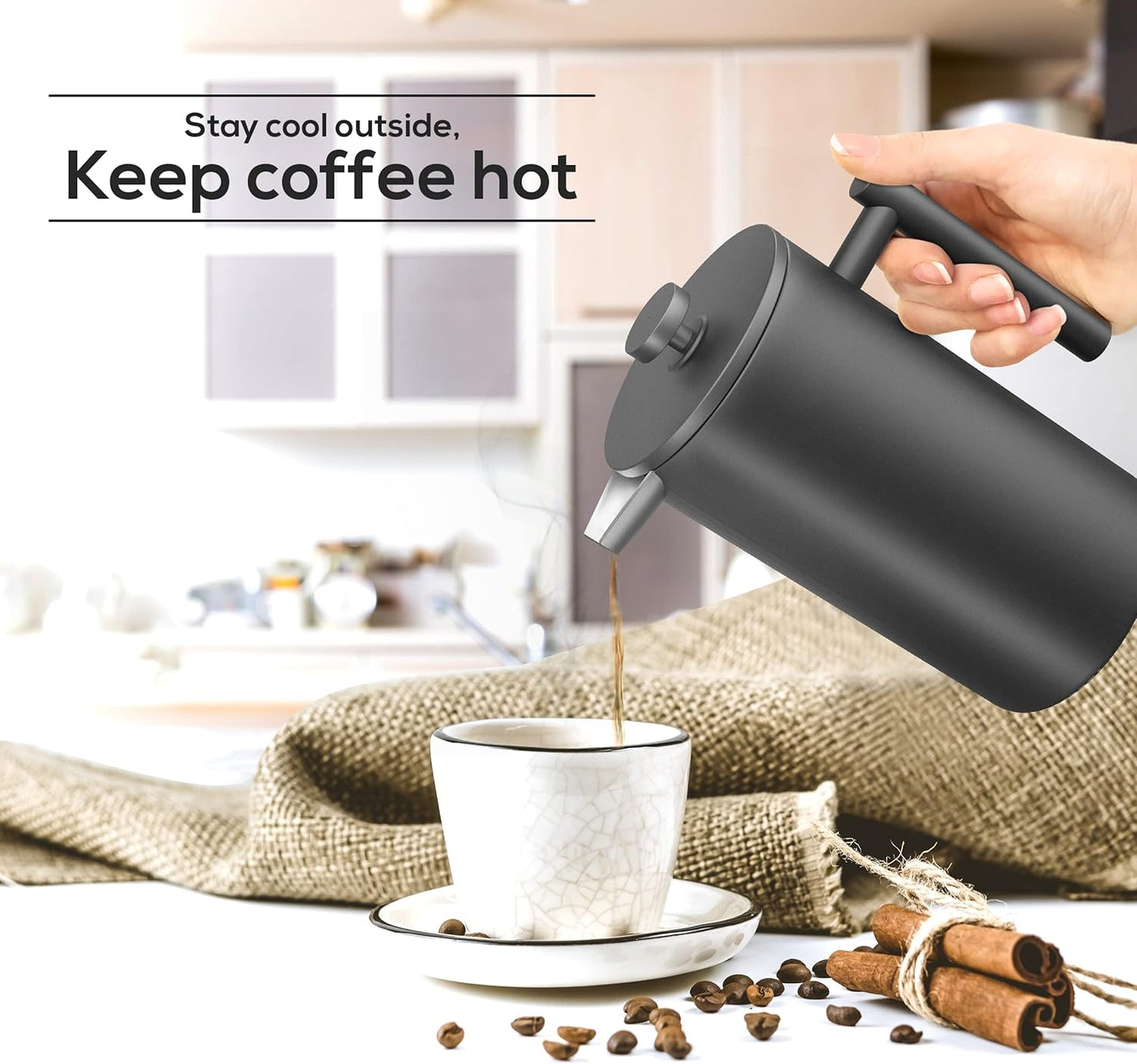 Utopia Kitchen Stainless Steel French Press Coffee Maker 34 Oz (1 Litre) with 2 Extra Filters, French Press Coffee & Tea Maker for Kitchen & Camping, Cold Brew Cafetiere, Black