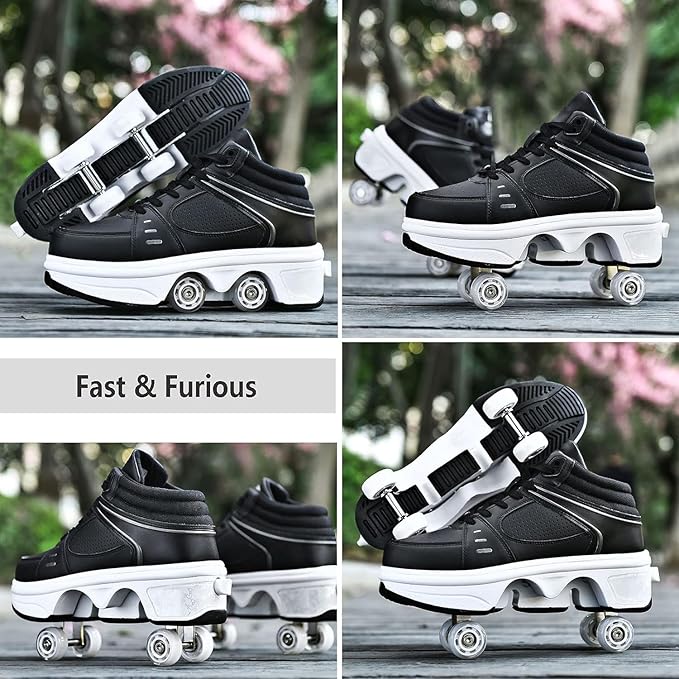 Double-Row Deform Wheel Automatic Walking Shoes Invisible Deformation Roller Skate 2 in 1 Removable Pulley Skates Skating Parkour