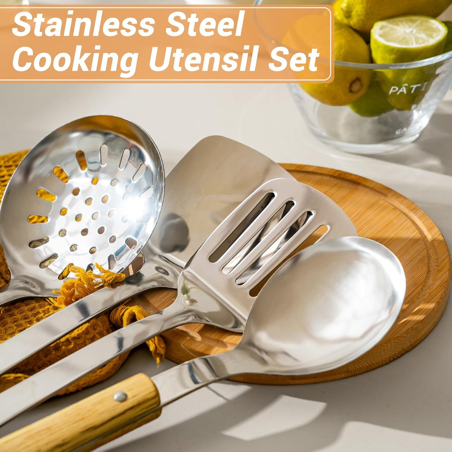 FJNATINH Spatula and Ladle - Set of 2 Wok Tools - Universal Wok Ladle and Spatula - Stainless Steel Cooking Utensils and Wok Accessories,14"-15"