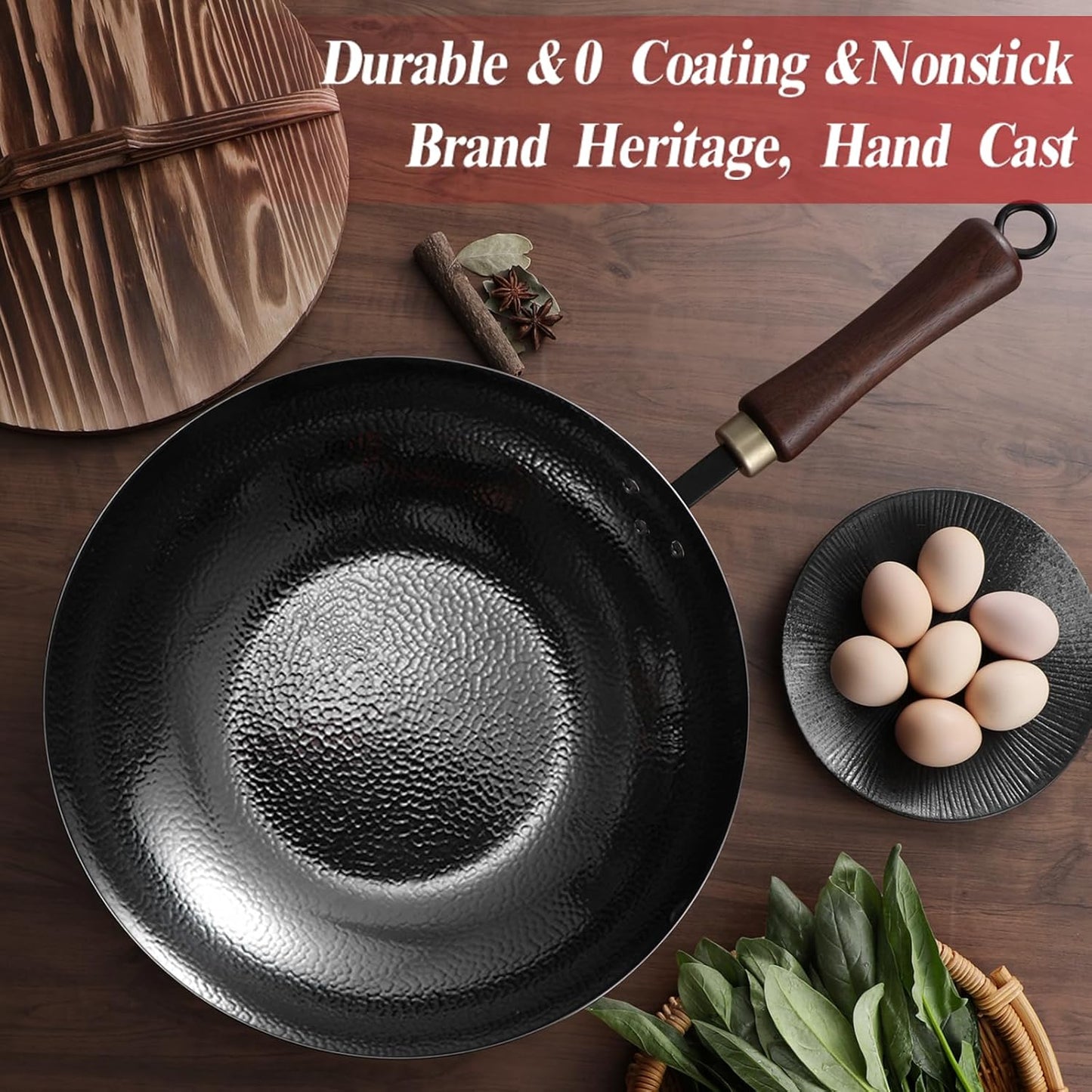 Carbon Steel Pan, 12.5″ Woks & Stir-Fry Pans with Wooden Lid Cookwares, Nonstick Wok, No Chemical Coated Flat Bottom Hand Hammered Chinese Wok For Gas