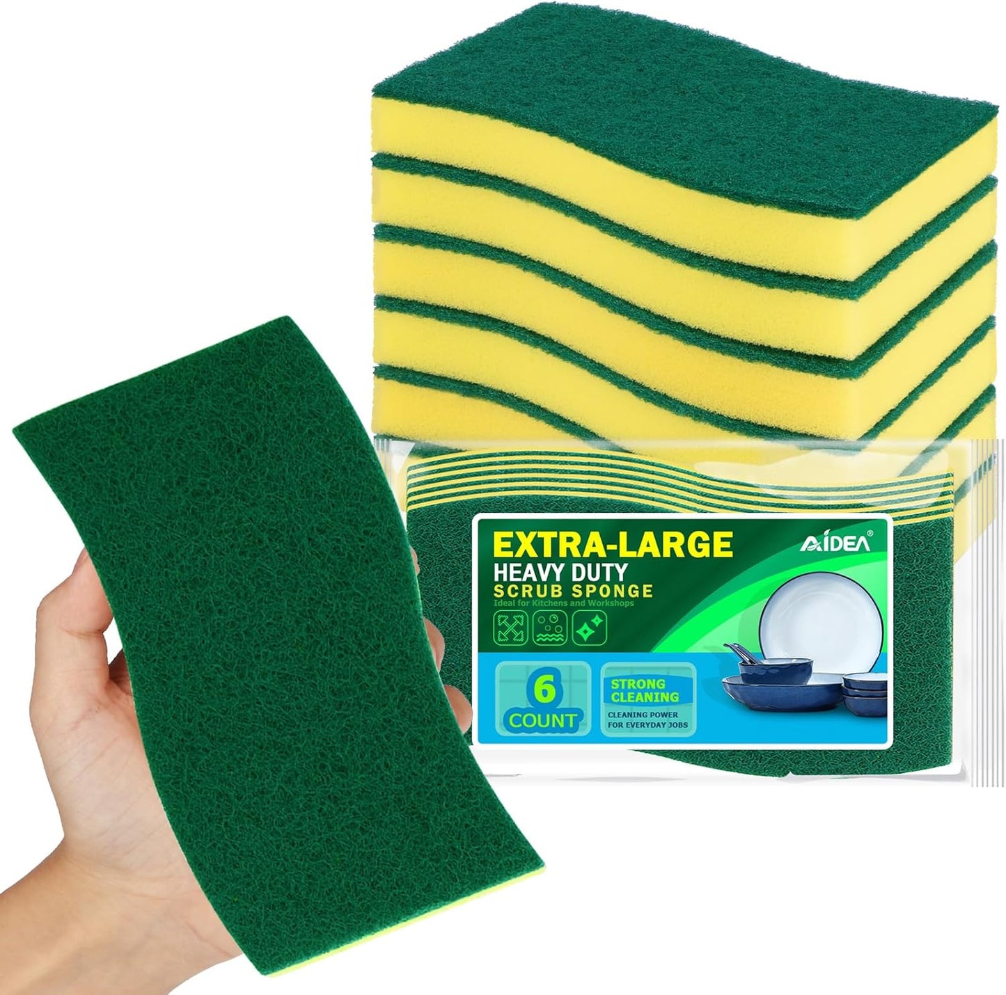 AIDEA Sponges Kitchen, XL Heavy Duty Dish Sponge, Cleaning Dish Scrubber Sponge for Home and Kitchen, Extra Large Cleaning Supplies for Pots, Pans, 6 Pack