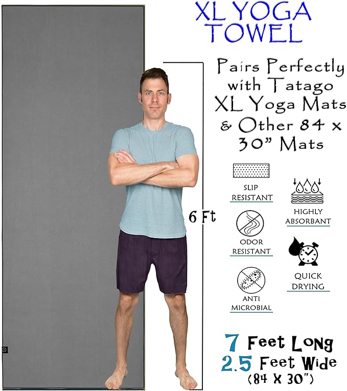 Tatago Hot Yoga Mat Towel Non Slip for Hot Yoga (72-84 inch Mats) Our Hot Yoga Towel Non Slip Silicone Dabs & Absorbent Microfiber Blend Gives You More Grip As You Drip! (Nube Gris, XL - 84")