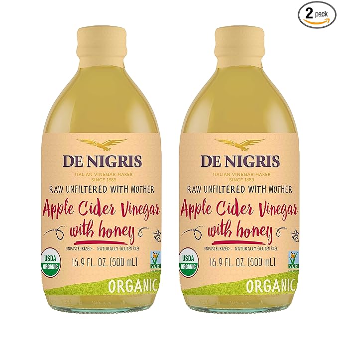 De Nigris Organic Apple Cider Vinegar With Honey Raw & Unfiltered 16,9 Oz (Pack of 2) | Apple Cider Vinegar With Mother, For The Balance Of Metabolism, Organic