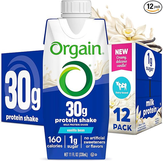 Orgain 30g High Protein Shake, Dairy Isolate Milk Protein, Vanilla Bean, 6g BCAAs, 1g Sugar Per Serving, Meal Replacement, Ready to Drink, Keto Friendly, Gluten-Free 11 Fl Oz (Pack of 12)