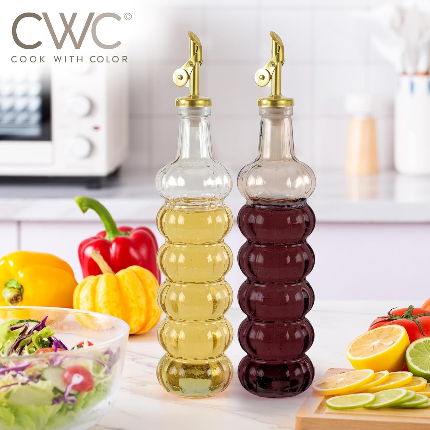COOK WITH COLOR Glass Olive Oil Bottle Dispenser - 2 Pack- 17oz Oil and Vinegar Cruet - Olive Oil Carafe Decanter for Kitchen