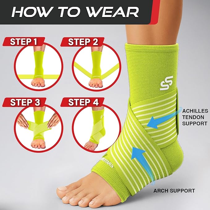 Sleeve Stars Ankle Brace for Women & Men, Ankle Wrap for Sprain, Compression Sleeve for Plantar Fasciitis Relief, Easy Customizable Support: w/ Removable Strap (Single/M:10"-12"/Neon Green)