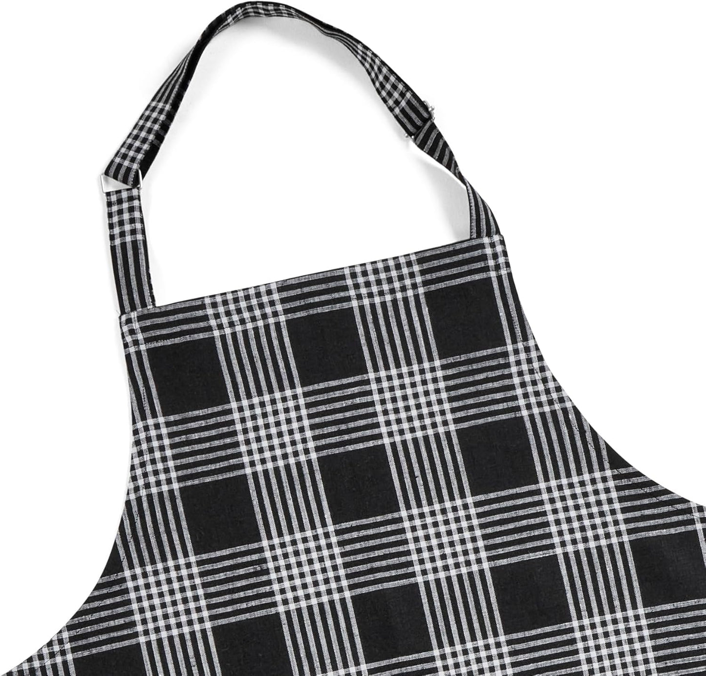 Solino Home Linen Bib Apron for Men & Women - Black and White Plaid Kitchen Apron with Front Pockets - Handcrafted from European Flax