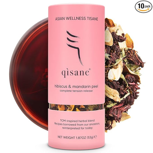qìsane Organic Hibiscus Tea Bags with Mandarin Peel - Loose Leaf Hibiscus Tea, Organic Licorice Root, Cassia Seeds - Tangy Citrus Flavor to Help Support Strain and Tension - 10 sachets (~30 cups)