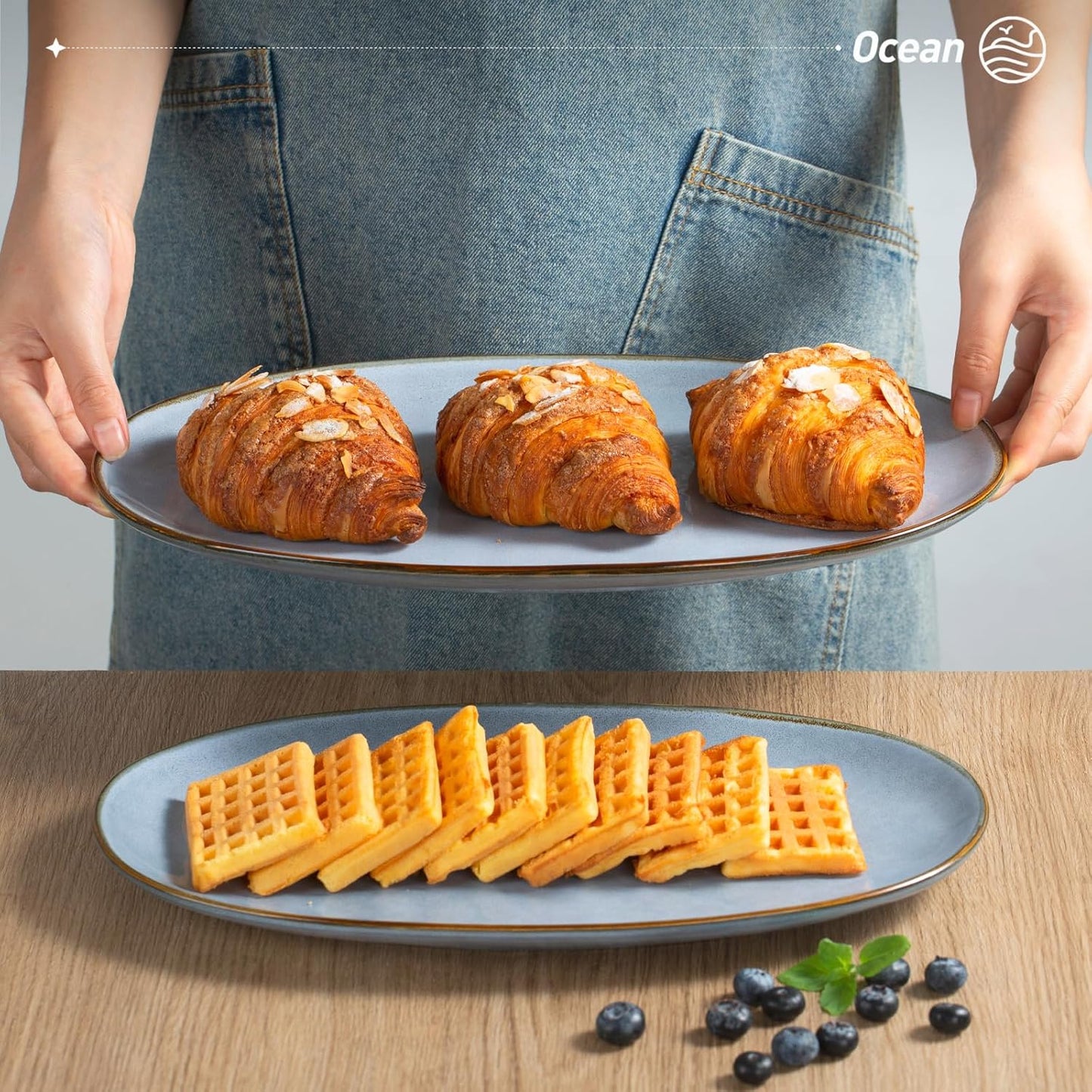 famiware Serving Platter, Oval 15.59/14.3/12.9inch Serving Dishes for Entertaining, Serving Bowls, Reactive Glaze, Stoneware Serving Trays for Party, Food, Turkey, Cheese, Ocean Series, Blue