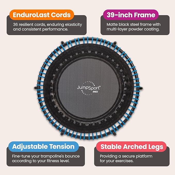 JumpSport 350 PRO Indoor Heavy Duty Fitness Trampoline, 39-inch | 36 Premium EnduroLast 4 Elastic Cords | Customized Bounce with 7 Settings | 300 lb Wt. Rating | 60-Day Free Trial to 350+ Videos