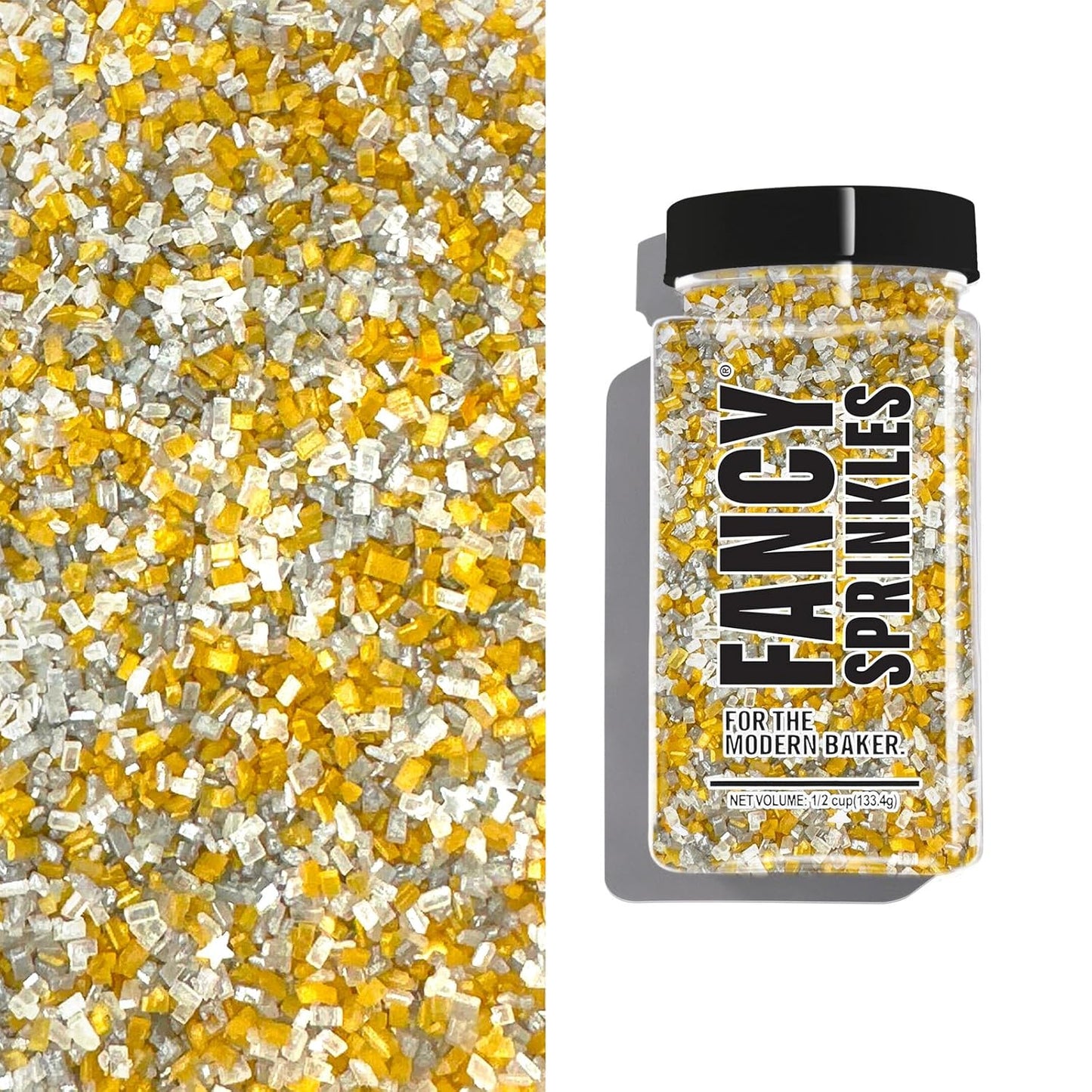 Fancy Sprinkles Filthy Rich Fancy Sugar Silver and Gold Pearlescent Sugar Crystals Flecked with Mini Edible Glitter Stars (4 OZ)