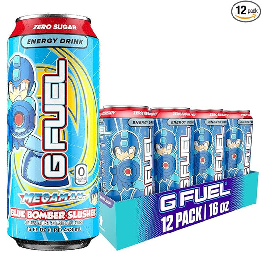 G Fuel Energy Drink, Blue Raspberry, Sugar Free Beverage with 300mg Caffeine, Daily Energy Boost with Focus Amino, Vitamin + Antioxidants, 16 oz Cans (Megaman Blue Bomber, 12-Pack)