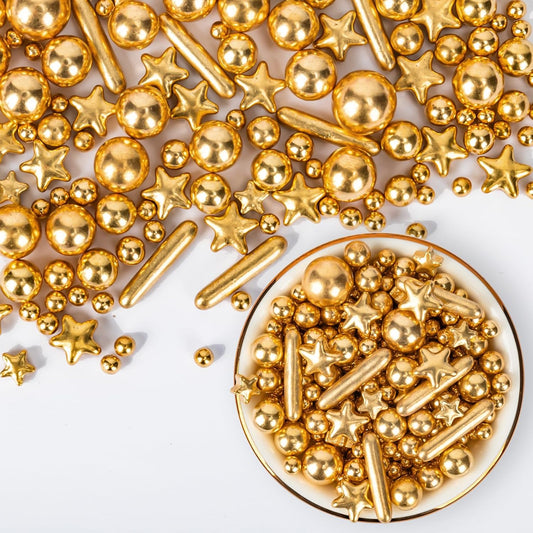 Gold Pearl Sprinkles,Edible Pearl Stars Rods Sugar Candy,Mix Size,Baking Cake Decorations,Cupcake Toppers,Cookie Donuts Ice Cream,Holiday,Birthday Wedding Party Valentines Christmas Supplies,130g/4.58oz