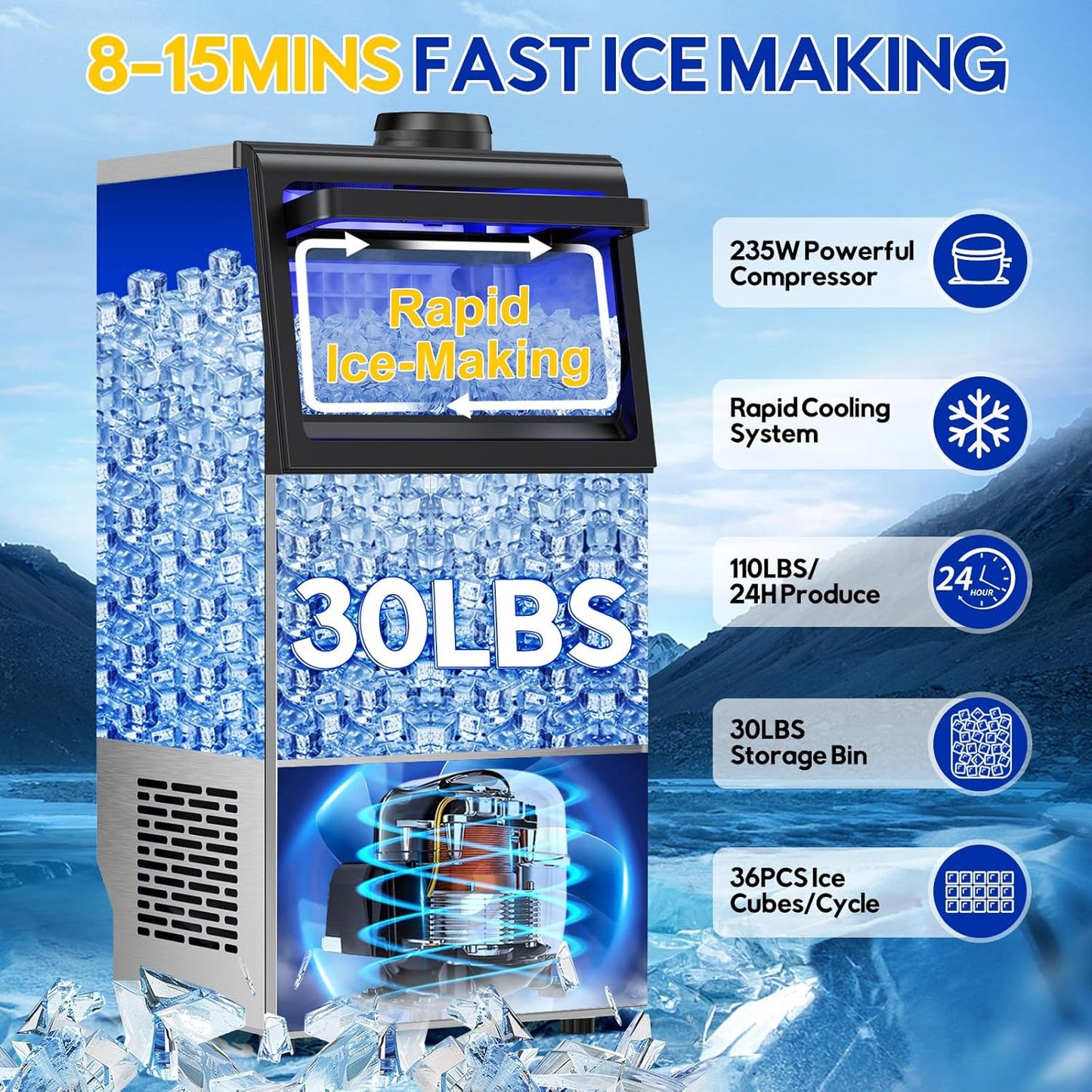 Commercial Ice Maker Machine, 110Lbs/24H, 30Lbs Storage, 36Pcs Clear Ice Cubes in 10-15Mins, Stainless Steel Under Counter or Freestanding Ice Machine - 2 Water Inlet Modes, for Home Party Office
