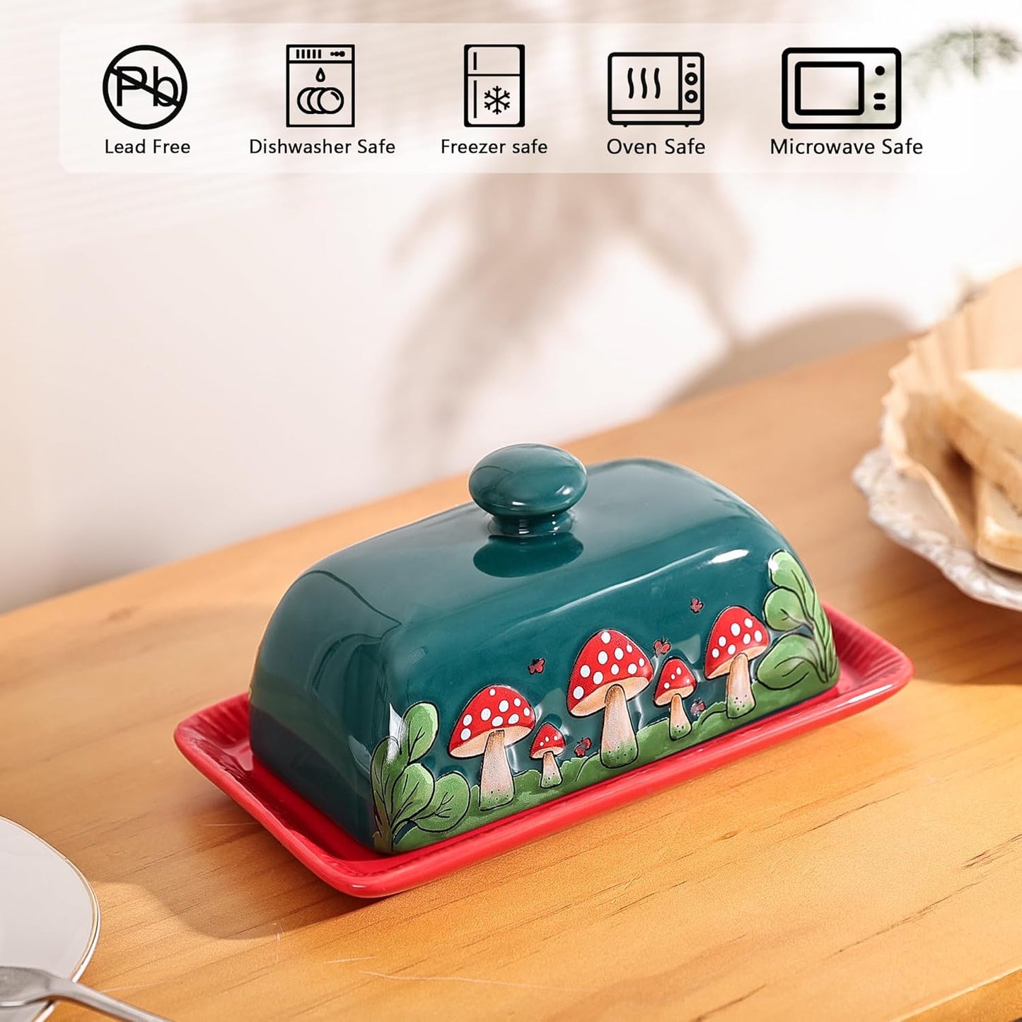 Fungi Fun Mushroom Butter Dish With Lid For Countertop Ceramic Butterdish, Red Mushroom Butter Container, Butter Tray Large Butter Dish Covered (Dark Green, Standard)