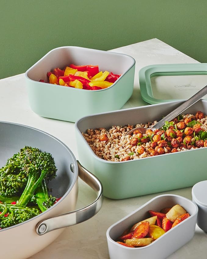 Caraway 2pc Glass Food Storage Set - 4.4 Cup Food Containers (2) - Ceramic Coated - Non Toxic, Non Stick Lunch with Lids - Dishwasher, Oven, & Microwave Safe - Gray