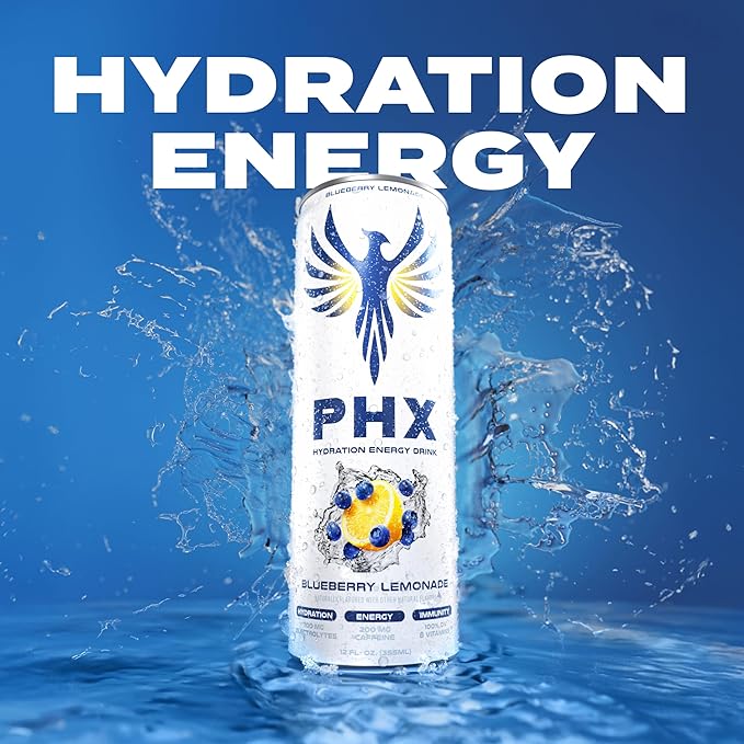 PHX Hydration Energy Drink - 700mg Electrolytes, 200mg Natural Green Tea Caffeine, 100% Daily Value 8 Essential Vitamins - 12 oz Cans (12 Pack) (12 Pack, Blueberry Lemonade)