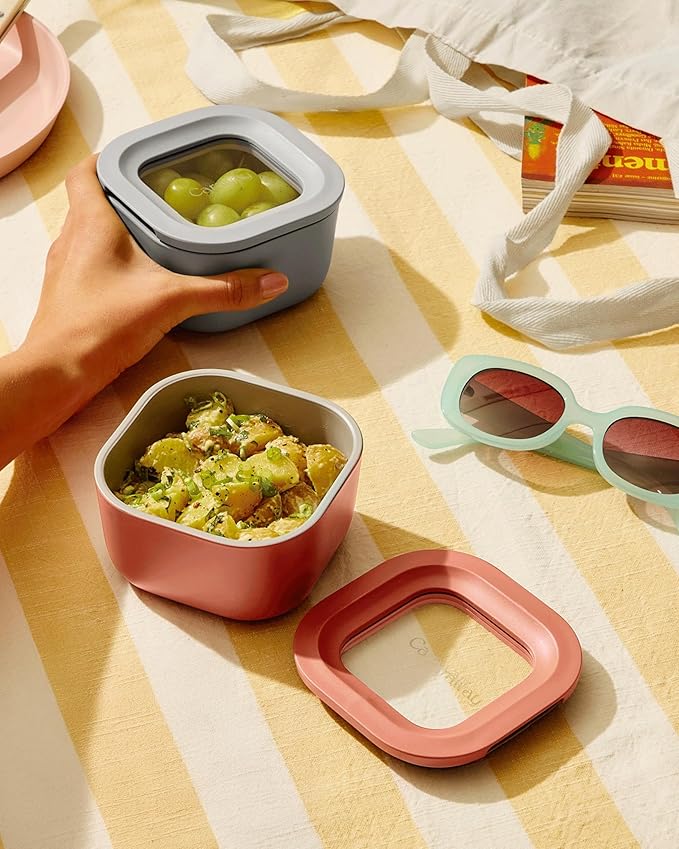 Caraway 6pc Food Storage Container Set - 1.75 Cup Glass Storage Container for Food (6) - Non-Toxic Ceramic-Coated Glass - Air Release Technology - Compact & Stackable Design - Perracotta
