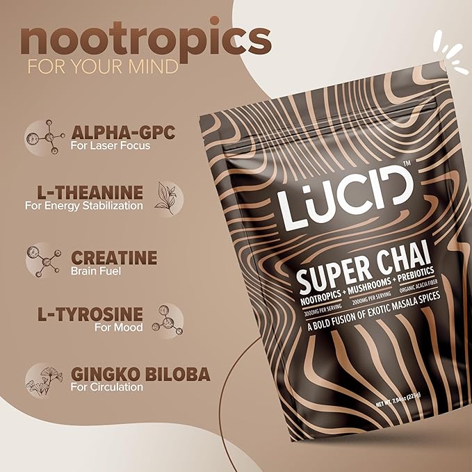 Lucid Superfood Organic Mushroom Chai with Nootropics - Lion's Mane, Tremella, Cordyceps & Turkey Tail - Instant Mushroom Chai Focus Brain Health - Alpha GPC, L-Theanine, Ginko Biloba - USA Made