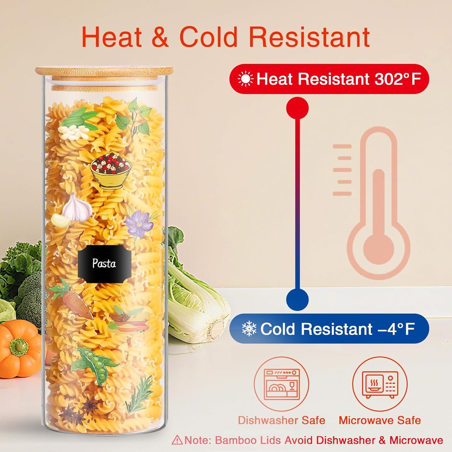 Glass Jars with Bamboo Lids, 72oz 3Pcs Kitchen Glass Containers with Bamboo Lids, Airtight Glass Pantry Storage Containers with Lids for Spaghetti, Pasta, Rice, Nuts, Flour, Bean, Dry Foods