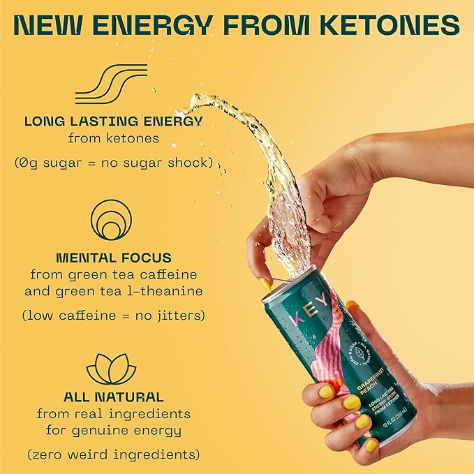 KEY Ketone Energy Drink - Sugar Free and All Natural from Ketones for Long Lasting Energy and optimal Green Tea Caffeine and L-Theanine for Mental Focus to Perform, Variety Pack (Pack of 12)
