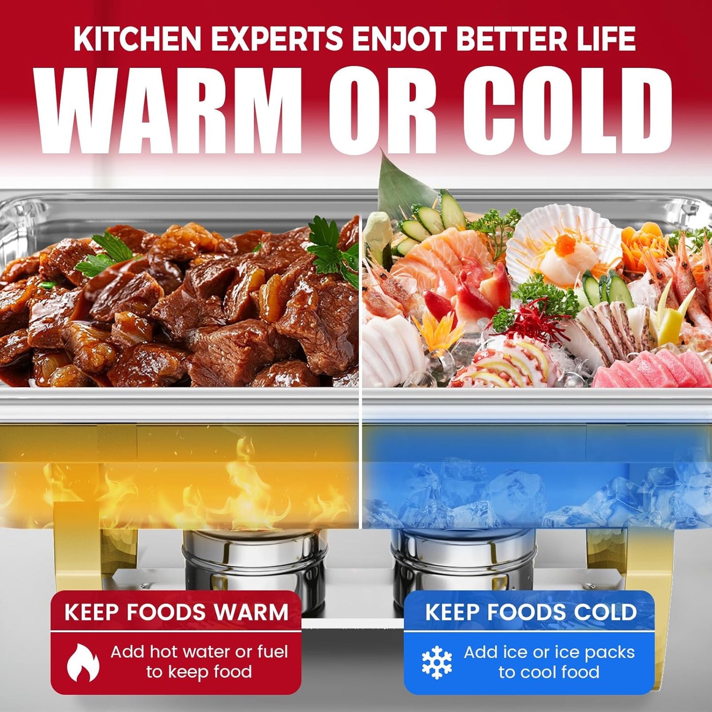 Chafing Dish Buffet Sets of 4, 8QT Stainless Steel Rectangular Chafers and Buffet Warmer Sets for Catering, with Food & Water Pan, Lid, Gold Foldable Frame, Fuel Holder for Event Party Holiday