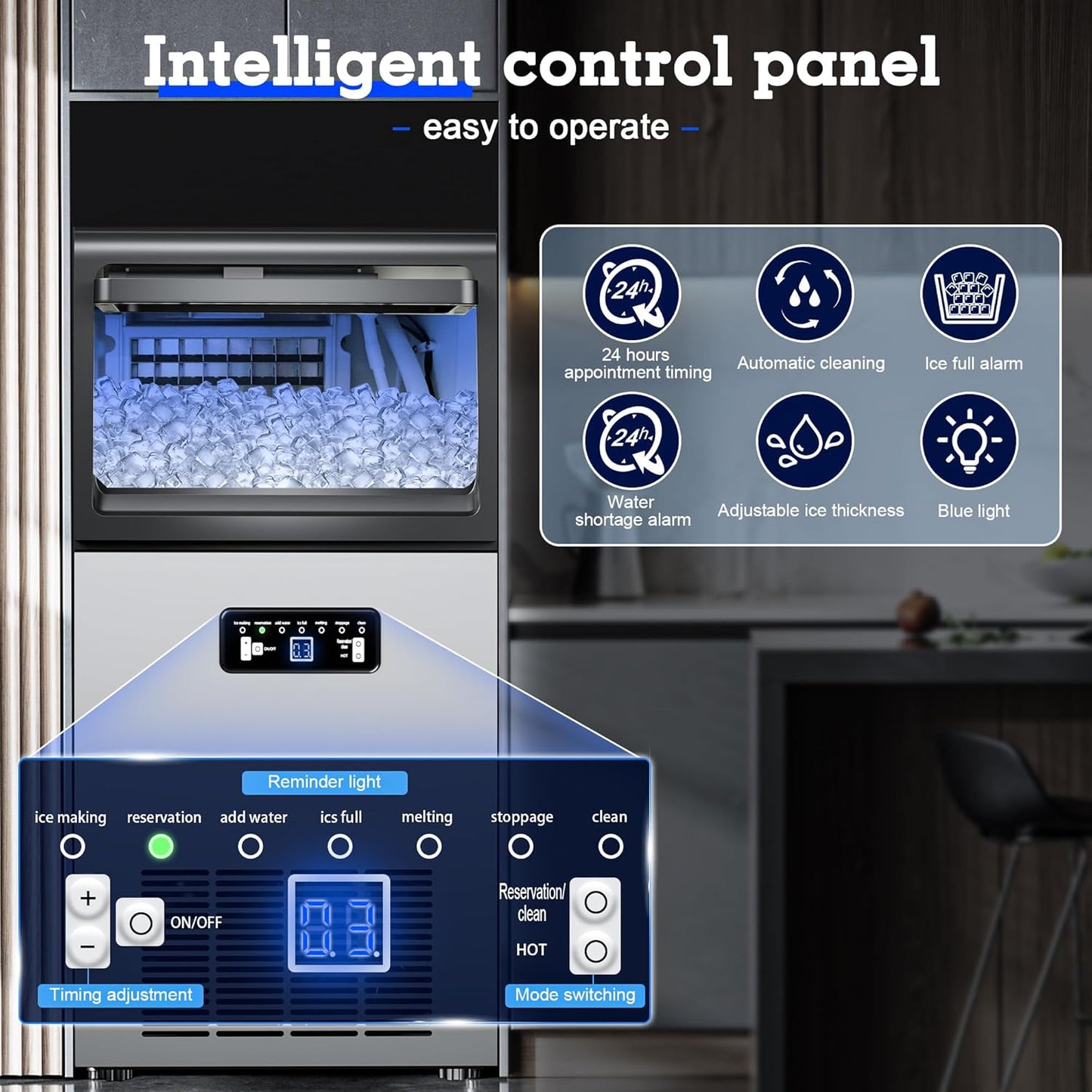 Commercial Ice Maker Machine 110lbs/24H with 22lbs Storage, Stainless Steel Freestanding Ice Machine 2 Water Inlet Modes 40Ice/Cycle, Self-Cleaning Function for Homes Restaurants Bars