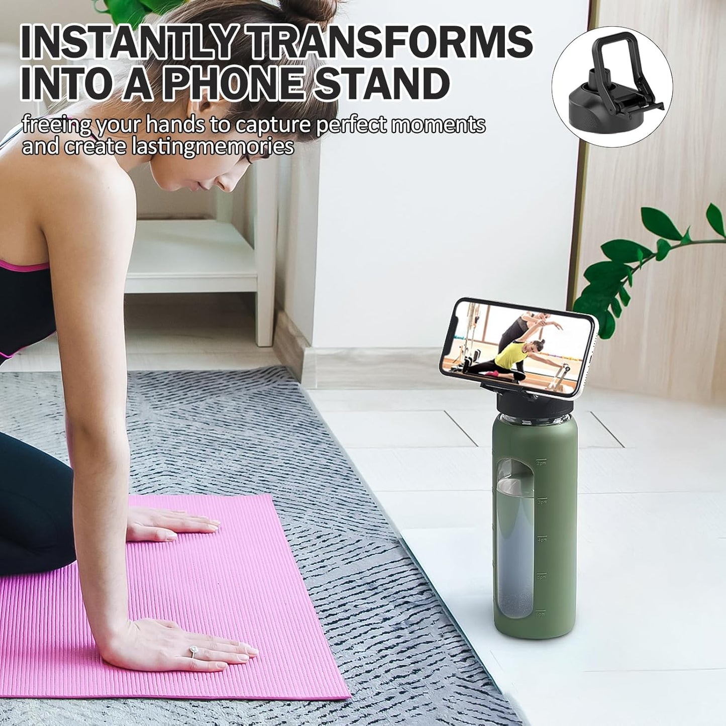 Glass Water Bottle with Straw, 24oz Glass Drinking Bottle with 2 Lids-Bamboo and Spout Lid with Phone Holder Handle for Gym Sports,with Silicone Sleeve and Time Marker,Olive