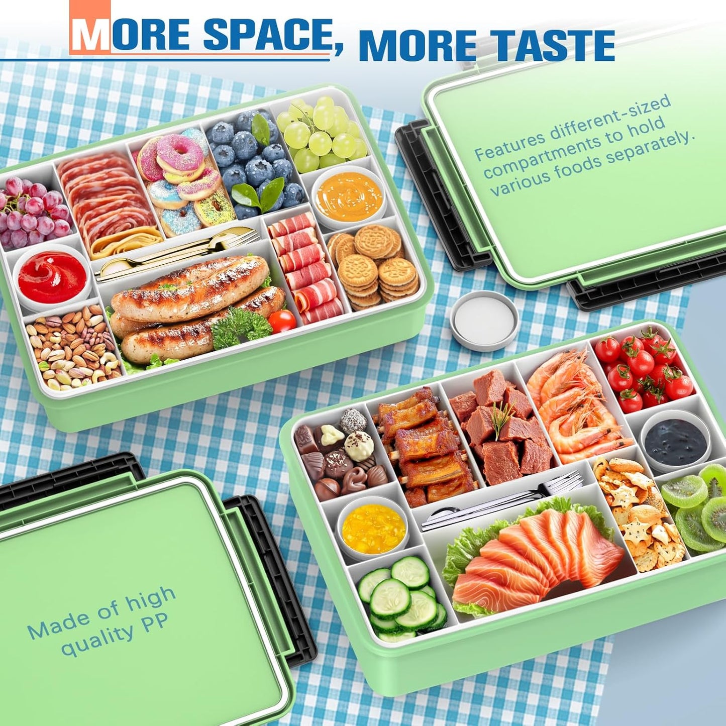 Chilled Portable Snackle Box Container with Reusable Ice Pack Bonus Insulated Bag 2Dip Container Divided Serving Tray Beach Essentials for Charcuterie Road Trip Picnic Family Party (Lime Green)