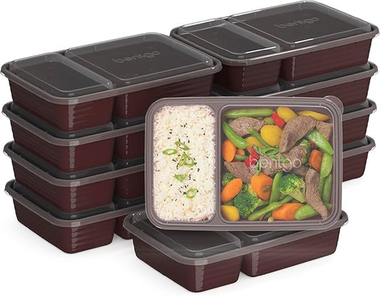Bentgo 20-Piece Lightweight, Durable, Reusable BPA-Free 2-Compartment Containers - Microwave, Freezer, Dishwasher Safe - Burgundy