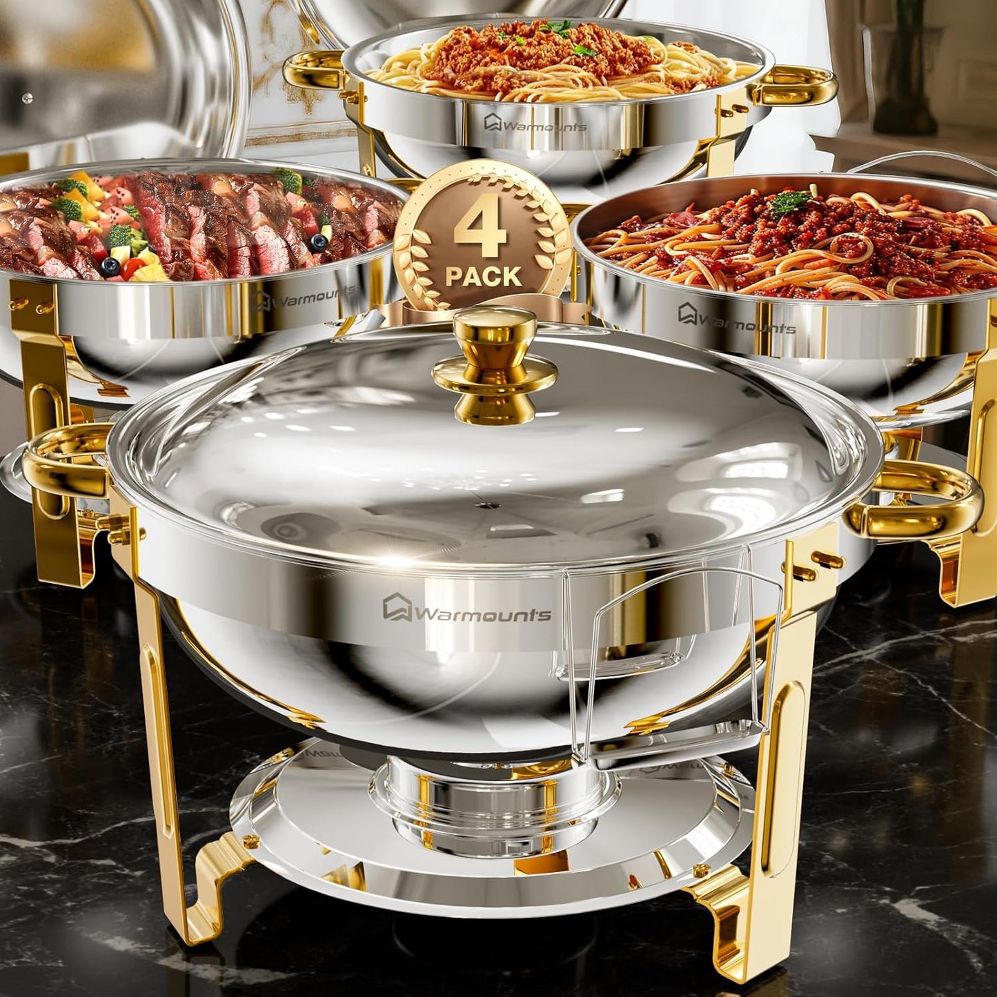 Gold Chafing Dishes for Buffet (5QT, 4 Pack), Round Chafers and Buffet Warmers Sets, Food Grade Stainless Steel Chafing Dish Set, Rolled Edge Design, for Catering Events, Parties, Weddings
