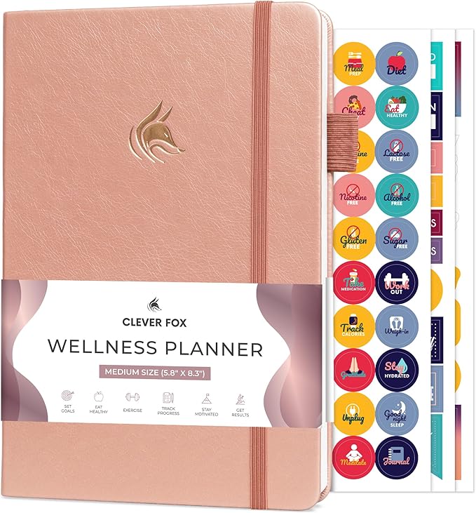 Clever Fox Wellness Planner - Weekly & Daily Health and Wellness Log, Food Journal & Meal Planner Diary for Calorie Counting, Notebook for Medical Condition Tracking, A5-Sized - Rose Gold
