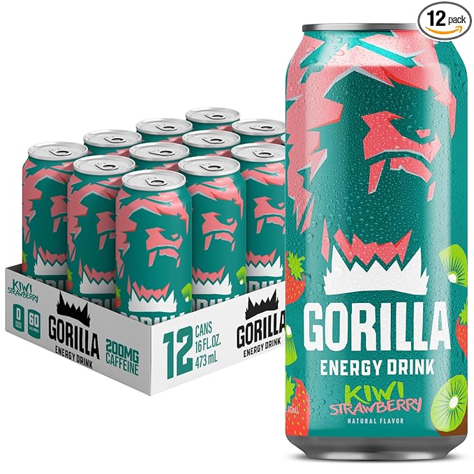 Gorilla Energy Drink, Kiwi Strawberry, 200mg Natural Caffeine, Real Fruit Juice Squeezed & Concentrated, L-Theanine, Taurine, Ginseng, Acetyl L-Carnitine, No Added Sugar and No Artificial Colors, 12 Pack