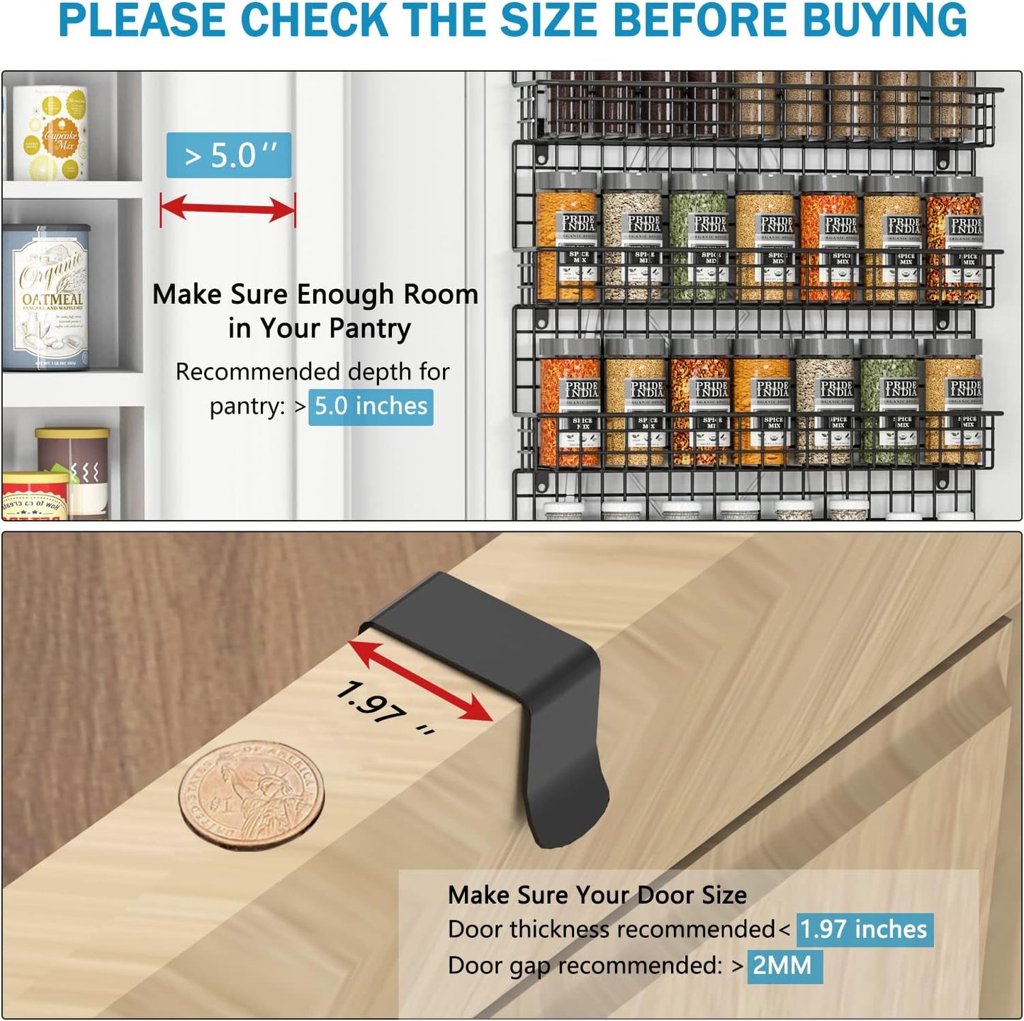 JKsmart 6-Tier Spice Rack Organizer with Door Hook, Wall Mounted & Over the Door Spice Racks for Kitchen Pantry Door Cabinet, Two Size, Large Capacity, Black