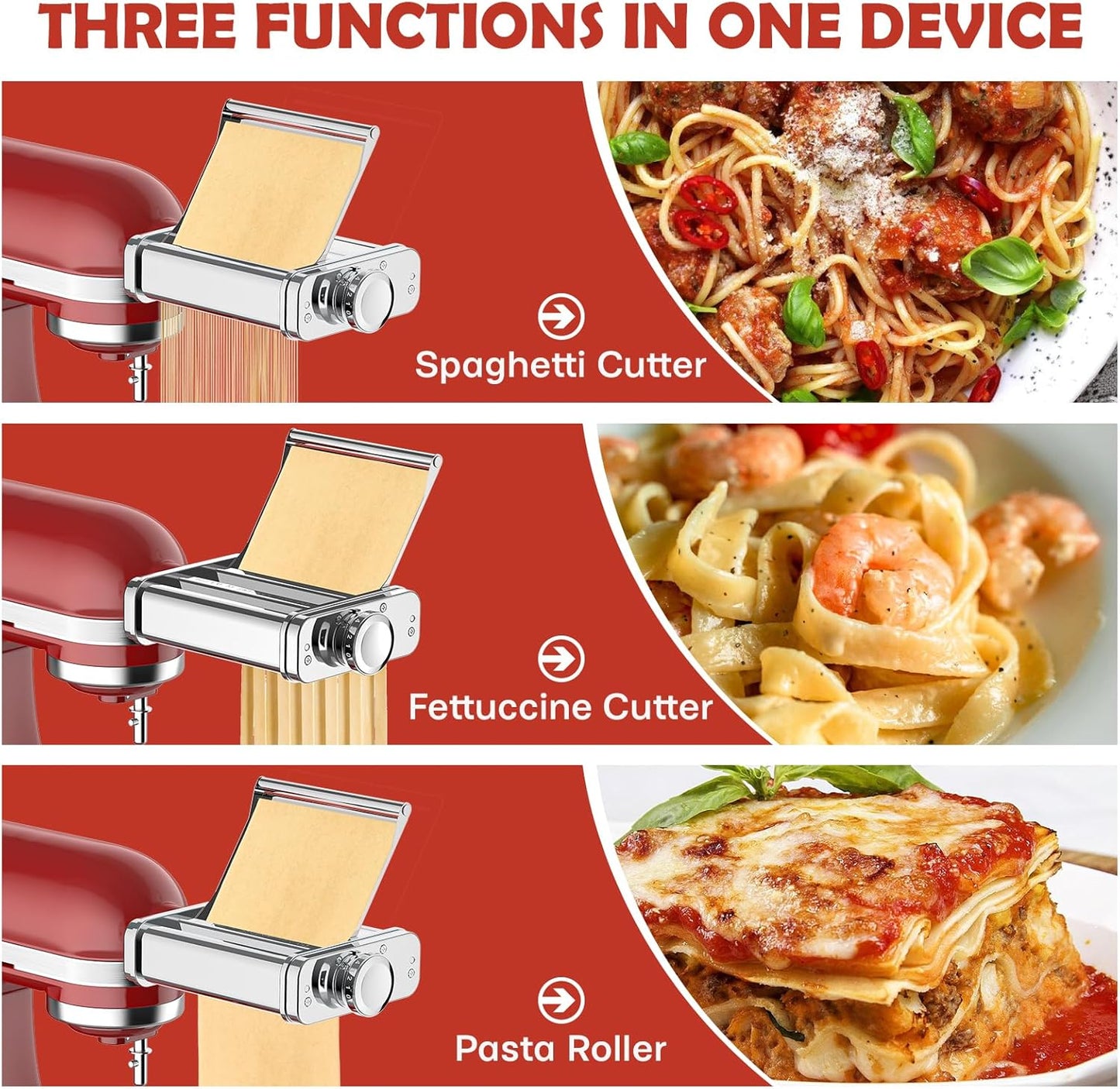 3-in-1 Pasta Attachment for KitchenAid Stand Mixer - Stainless Steel Pasta Maker includes Roller, Spaghetti & Fettuccine Cutters | Professional Pasta Accessories for Homemade Noodles & Italian Cuisine