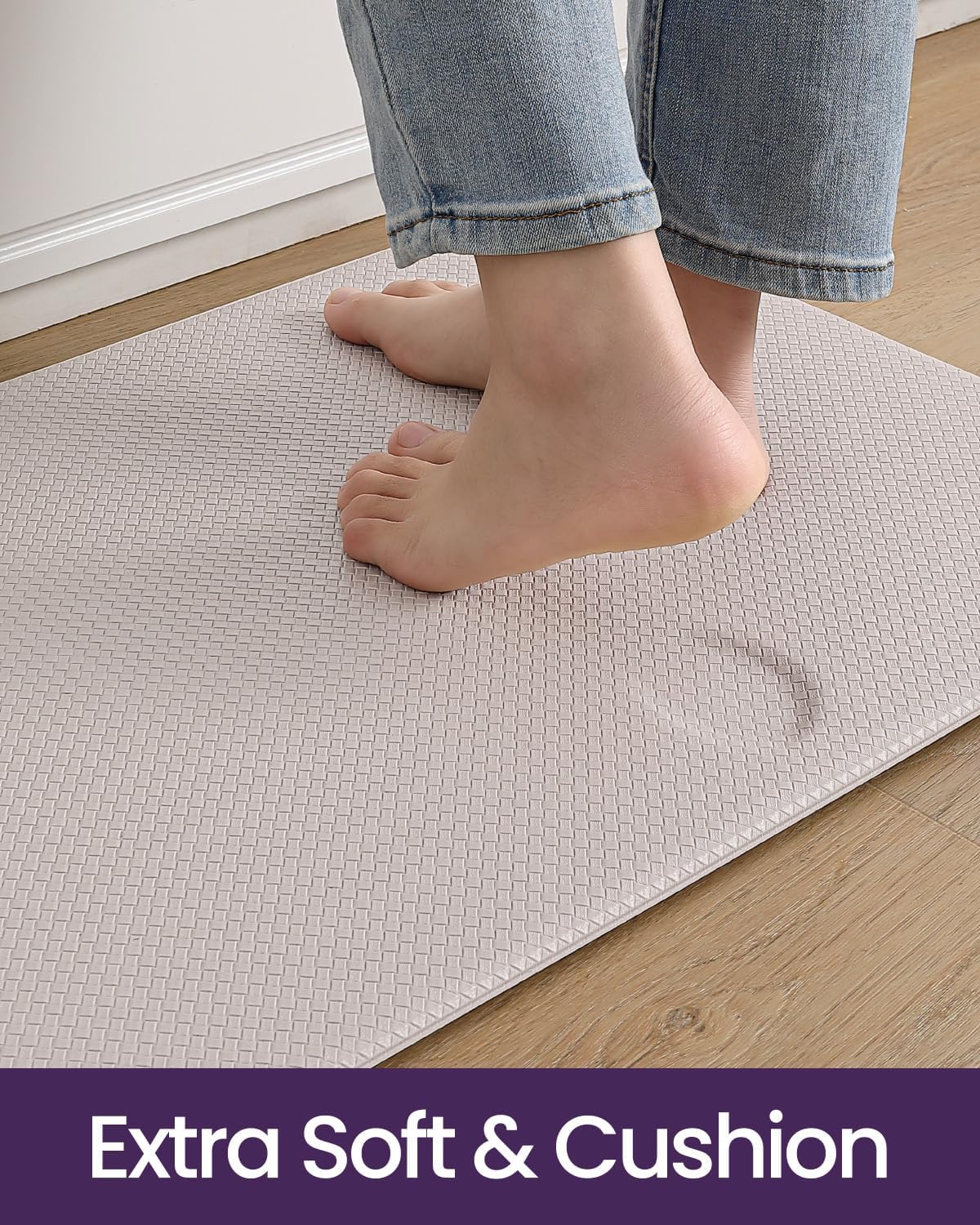 DEXI Kitchen Floor Mats Cushioned Anti Fatigue, 17x29+17x59, Large Long Standing Runner Rug Waterproof, Comfort Memory Foam Padded for Front Sink Laundry, Beige White