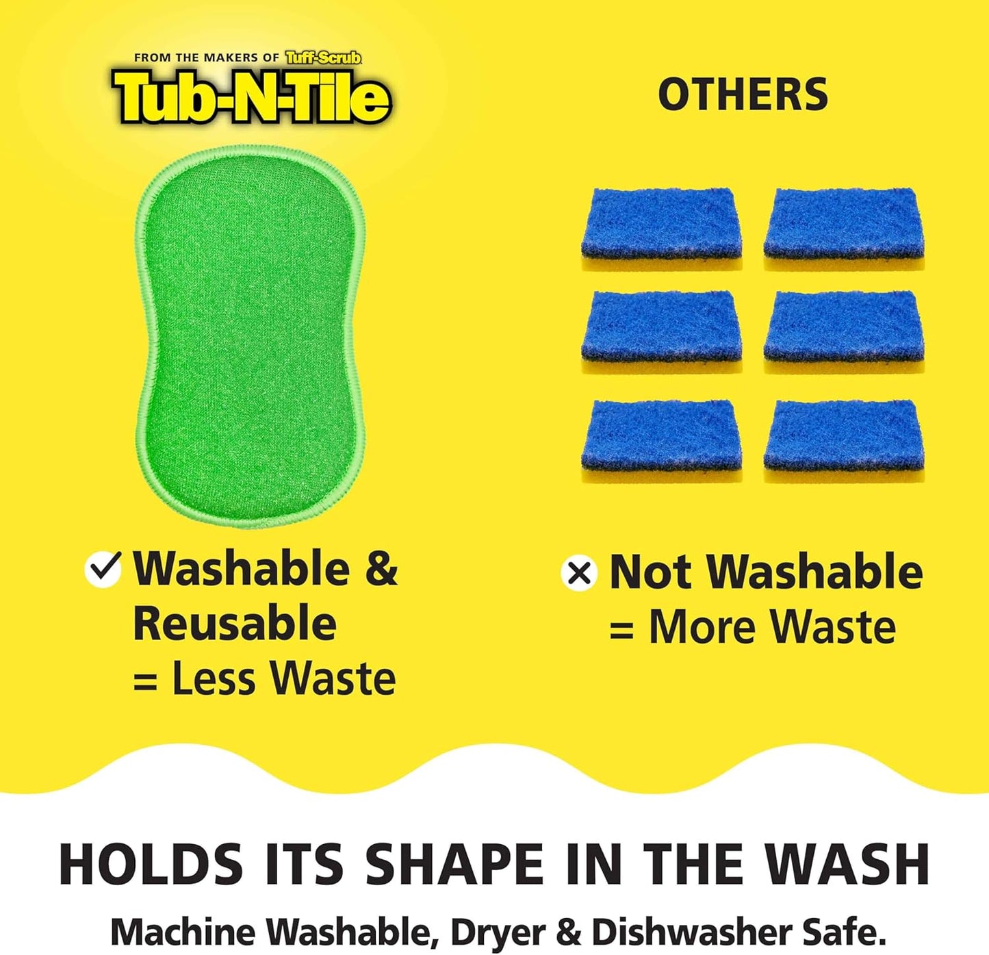 Tub-N-Tile by Tuff-Scrub, Large, 6-Pack, Microfiber, Scrub-N-Wipe Pad, Multi-Surface, Non-Scratch, Dual-Sided, Scrubber for Tubs, Tiles, Sinks – Machine Washable, Durable Kitchen Sponge