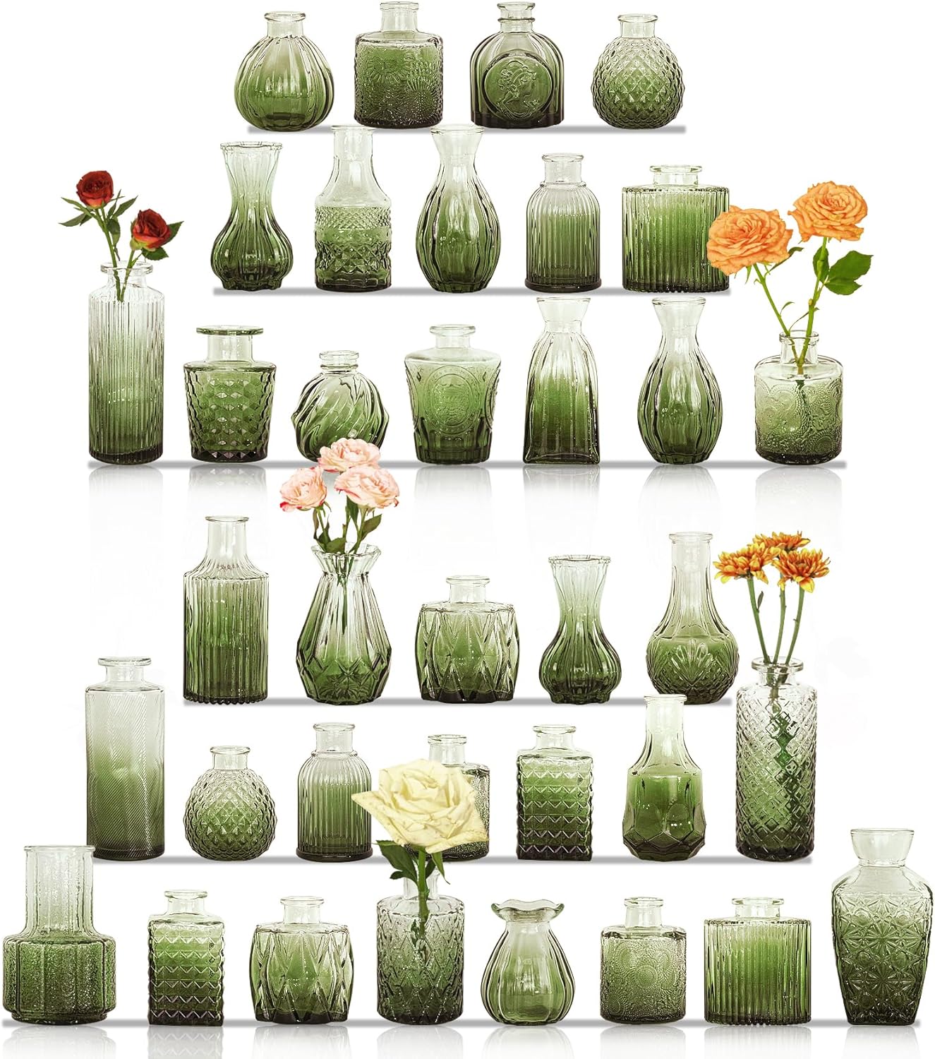 36Pcs Bud Vases Set Small Vintage Glass Bottles Bud Vases in Bulk Multiple Shape Cute Glass Vases for Rustic Wedding Centerpieces Table Decorations and Home Decor(Green)