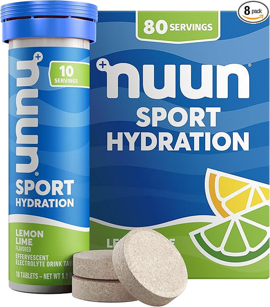 Nuun Sport Electrolyte Tablets with Magnesium, Calcium, Potassium, Chloride & Sodium, Gluten Free & Vegan, Lemon Lime, 8 Pack (80 Servings Total)